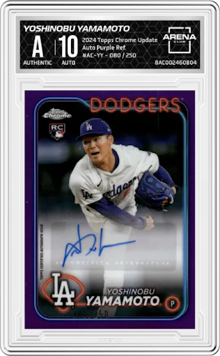 Yoshinobu Yamamoto from the 2024 Topps Chrome Update set featuring a Purple Refractor parallel graded by Arena Club.