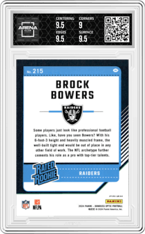Brock Bowers from the 2024 Donruss Optic set featuring a Blue Glitter parallel graded by Arena Club and given an overall grade of 9.5.