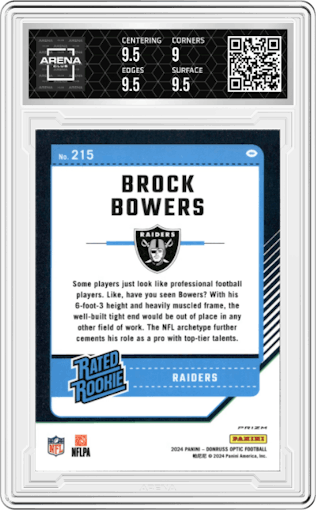 Brock Bowers from the 2024 Donruss Optic set featuring a Blue Glitter parallel graded by Arena Club and given an overall grade of 9.5.