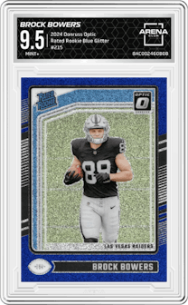Brock Bowers from the 2024 Donruss Optic set featuring a Blue Glitter parallel graded by Arena Club and given an overall grade of 9.5.