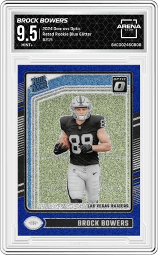 Brock Bowers from the 2024 Donruss Optic set featuring a Blue Glitter parallel graded by Arena Club and given an overall grade of 9.5.
