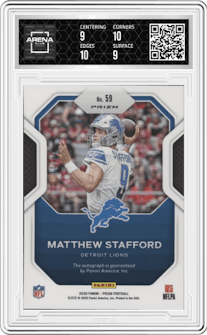 Matthew Stafford from the 2020 Panini Prizm set graded by Arena Club and given an overall grade of 9.5.