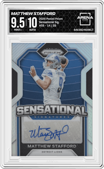 Matthew Stafford from the 2020 Panini Prizm set graded by Arena Club and given an overall grade of 9.5.