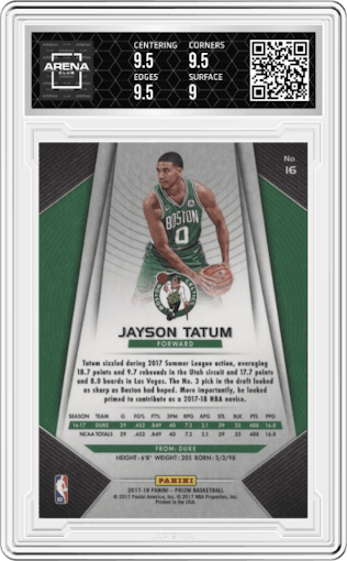 Jayson Tatum from the 2017-18 Panini Prizm  set graded by Arena Club and given an overall grade of 9.5.
