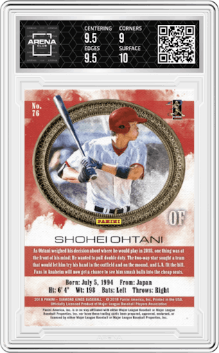Shohei Ohtani from the 2018 Panini Diamond Kings set graded by Arena Club and given an overall grade of 9.5.