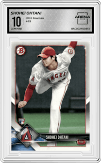 Shohei Ohtani from the 2018 Bowman set graded by Arena Club and given an overall grade of 10.