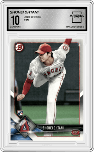 Shohei Ohtani from the 2018 Bowman set graded by Arena Club and given an overall grade of 10.