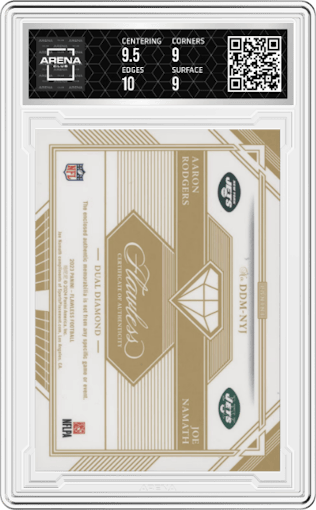 Aaron Rodgers/Joe Namath from the 2023 Panini Flawless set featuring a Silver  parallel graded by Arena Club and given an overall grade of 9.5.