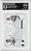 Aaron Rodgers/Joe Namath from the 2023 Panini Flawless set featuring a Silver  parallel graded by Arena Club and given an overall grade of 9.5.