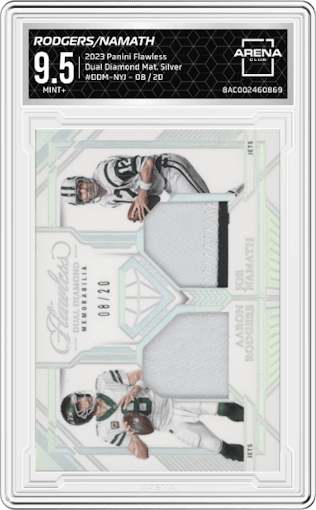 Aaron Rodgers/Joe Namath from the 2023 Panini Flawless set featuring a Silver  parallel graded by Arena Club and given an overall grade of 9.5.