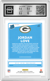 Jordan Love from the 2020 Panini Donruss Optic set featuring a Hyper Blue  parallel graded by Arena Club and given an overall grade of 10.