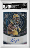 Aaron Jones from the 2023 Panini Spectra set featuring a Nebula parallel graded by Arena Club and given an overall grade of 9.5.