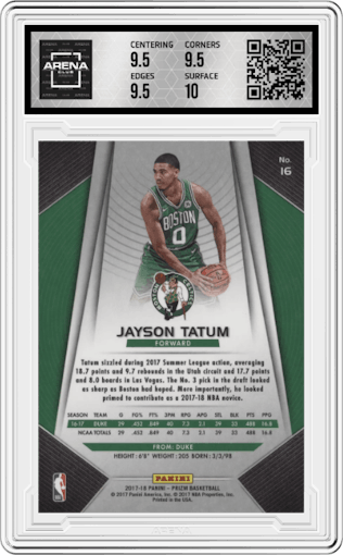 Jayson Tatum from the 2017-18 Panini Prizm set graded by Arena Club and given an overall grade of 10.