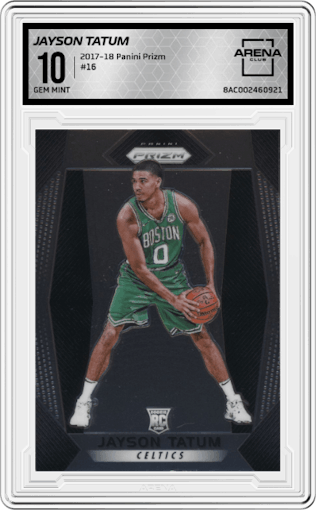Jayson Tatum from the 2017-18 Panini Prizm set graded by Arena Club and given an overall grade of 10.