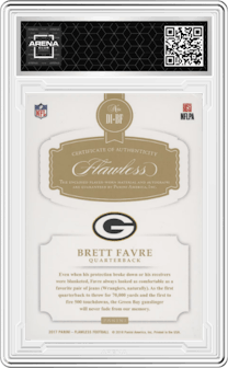 Brett Favre from the 2017 Panini Flawless set featuring a Sapphire  parallel graded by Arena Club.