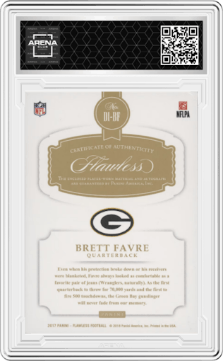 Brett Favre from the 2017 Panini Flawless set featuring a Sapphire  parallel graded by Arena Club.