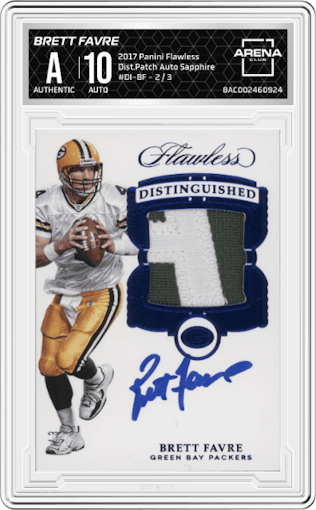 Brett Favre from the 2017 Panini Flawless set featuring a Sapphire  parallel graded by Arena Club.