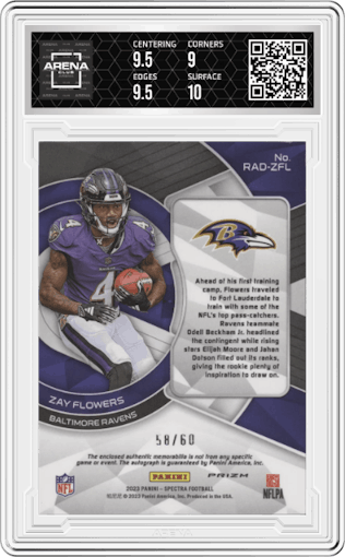 Zay Flowers from the 2023 Panini Spectra set featuring a Hyper parallel graded by Arena Club and given an overall grade of 9.5.