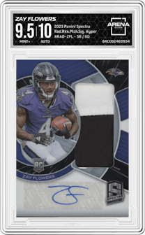 Zay Flowers from the 2023 Panini Spectra set featuring a Hyper parallel graded by Arena Club and given an overall grade of 9.5.