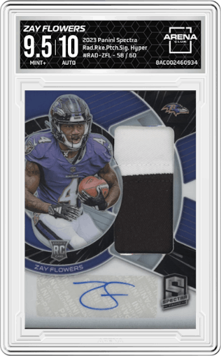 Zay Flowers from the 2023 Panini Spectra set featuring a Hyper parallel graded by Arena Club and given an overall grade of 9.5.