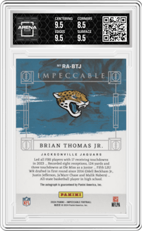 Brian Thomas Jr. from the 2024 Panini Impeccable set graded by Arena Club and given an overall grade of 9.