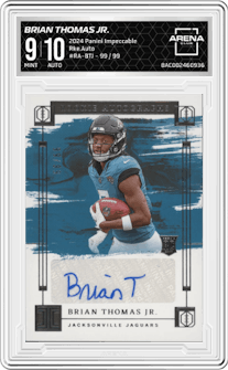 Brian Thomas Jr. from the 2024 Panini Impeccable set graded by Arena Club and given an overall grade of 9.