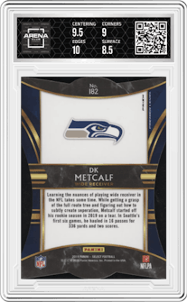 DK Metcalf from the 2019 Panini Select  set featuring a Die-Cut Zebra parallel graded by Arena Club and given an overall grade of 9.