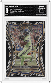 DK Metcalf from the 2019 Panini Select  set featuring a Die-Cut Zebra parallel graded by Arena Club and given an overall grade of 9.