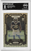 Kendre Miller from the 2023 Panini Prizm set featuring a Gold Vinyl parallel graded by Arena Club and given an overall grade of 8.