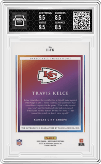 Travis Kelce from the 2020 Panini Impeccable set graded by Arena Club and given an overall grade of 9.