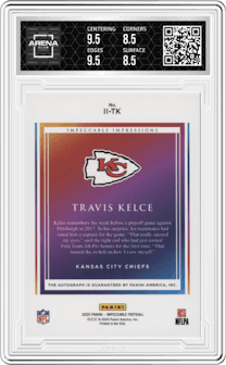 Travis Kelce from the 2020 Panini Impeccable set and given an overall grade of 9.