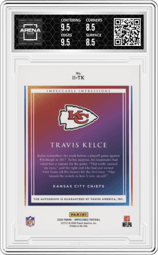 Travis Kelce from the 2020 Panini Impeccable set graded by Arena Club and given an overall grade of 9.