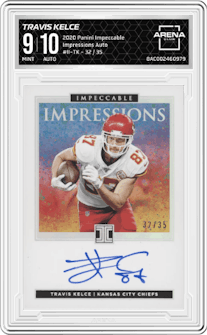Travis Kelce from the 2020 Panini Impeccable set graded by Arena Club and given an overall grade of 9.
