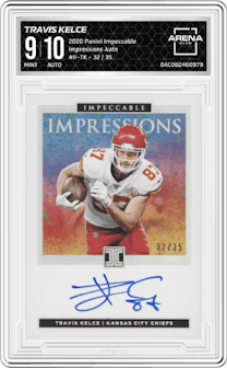 Travis Kelce from the 2020 Panini Impeccable set and given an overall grade of 9.