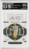 Aaron Rodgers from the 2021 Panini National Treasures set graded by Arena Club and given an overall grade of 9.5.