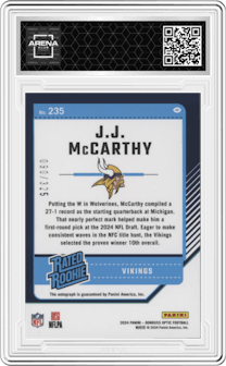 J.J. McCarthy  from the 2024 Donruss Optic set graded by Arena Club.