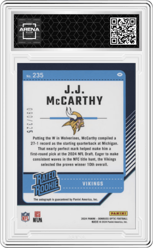 J.J. McCarthy  from the 2024 Donruss Optic set graded by Arena Club.