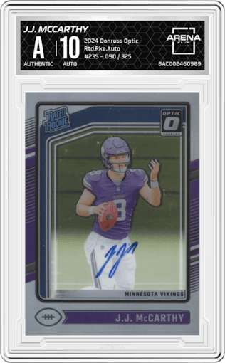 J.J. McCarthy  from the 2024 Donruss Optic set graded by Arena Club.