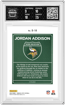 Jordan Addison from the 2023 Donruss Optic set graded by Arena Club and given an overall grade of 8.