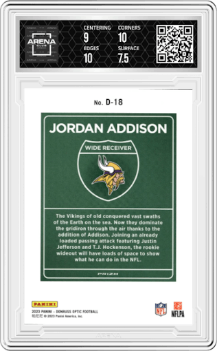 Jordan Addison from the 2023 Donruss Optic set graded by Arena Club and given an overall grade of 8.