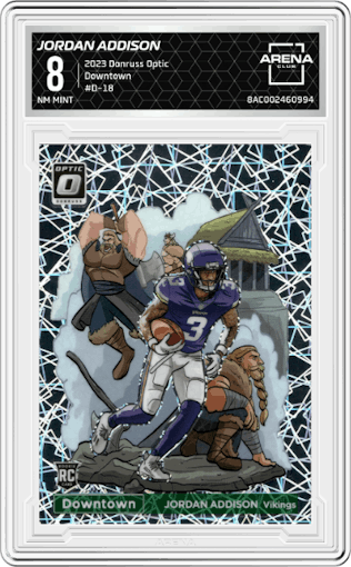Jordan Addison from the 2023 Donruss Optic set graded by Arena Club and given an overall grade of 8.