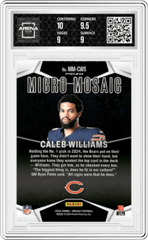 Caleb Williams from the 2024 Panini Mosaic set graded by Arena Club and given an overall grade of 9.5.