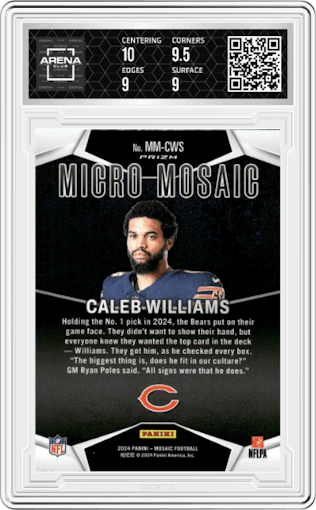 Caleb Williams from the 2024 Panini Mosaic set graded by Arena Club and given an overall grade of 9.5.