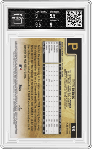 Paul Skenes from the 2025 Topps set graded by Arena Club and given an overall grade of 9.5.