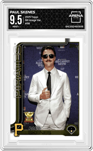 Paul Skenes from the 2025 Topps set graded by Arena Club and given an overall grade of 9.5.