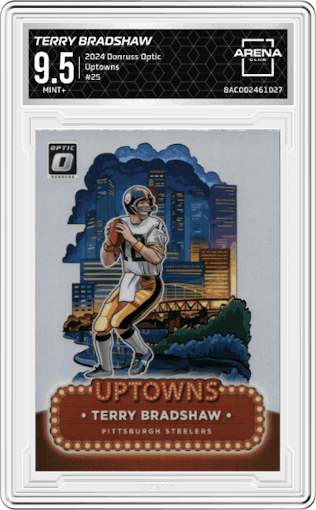 Terry Bradshaw from the 2024 Donruss Optic set graded by Arena Club and given an overall grade of 9.5.