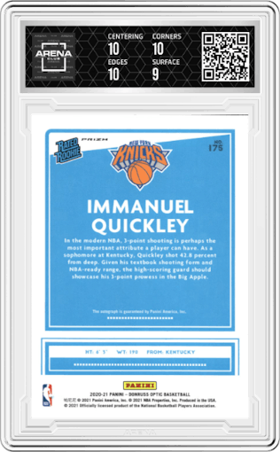 Immanuel Quickley from the 2020-21 Panini Donruss Optic set featuring a Purple parallel graded by Arena Club and given an overall grade of 9.5.