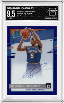 Immanuel Quickley from the 2020-21 Panini Donruss Optic set featuring a Purple parallel graded by Arena Club and given an overall grade of 9.5.