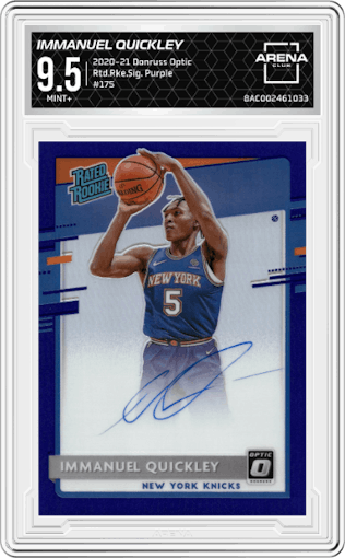 Immanuel Quickley from the 2020-21 Panini Donruss Optic set featuring a Purple parallel graded by Arena Club and given an overall grade of 9.5.