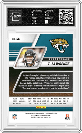 Trevor Lawrence from the 2023 Panini Zenith set featuring a Red Zone parallel graded by Arena Club and given an overall grade of 9.5.